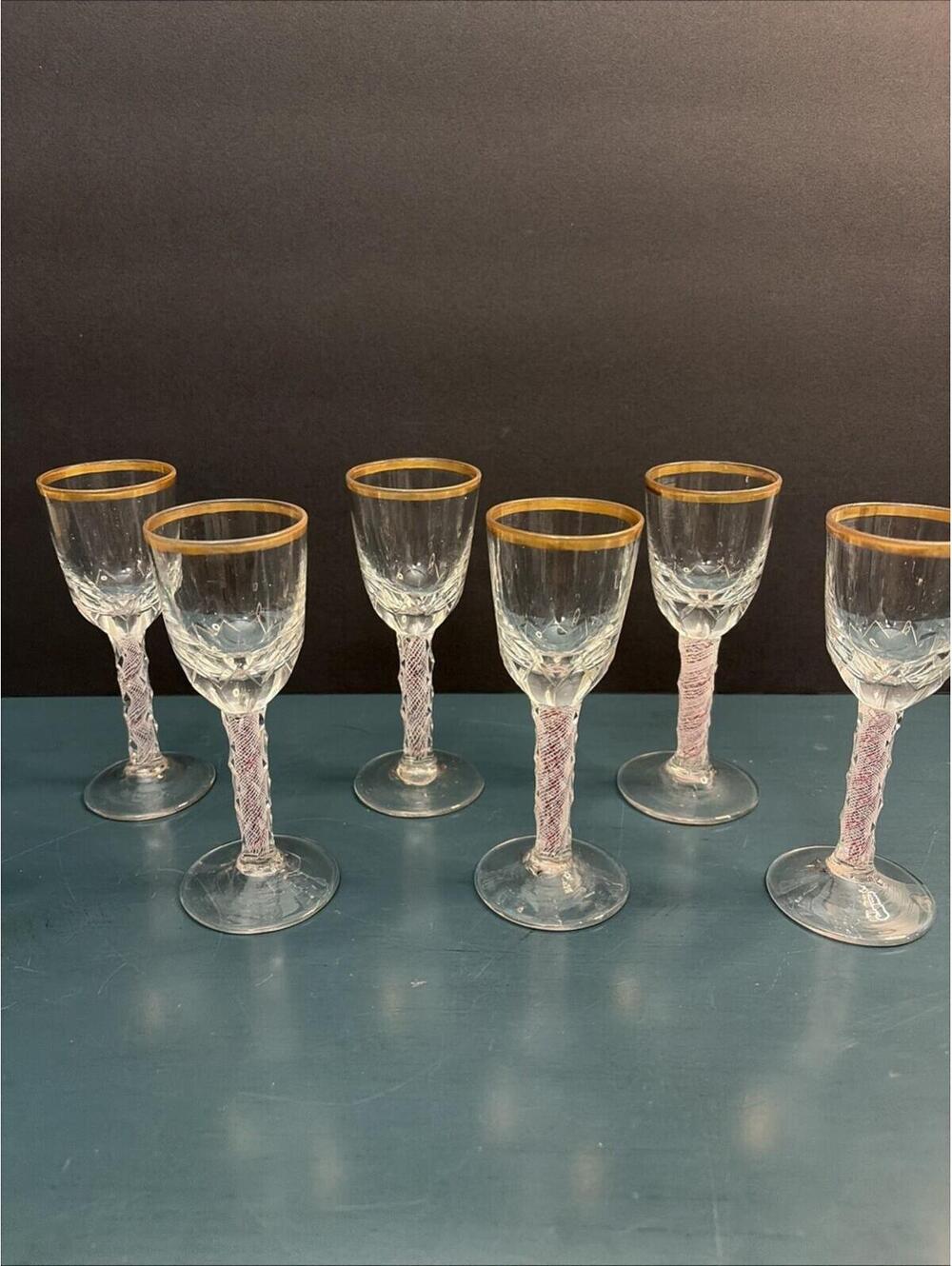 Set 6 Antique Victorian English Red /White Latticinio Twist Cordial Glass 5 7/8"